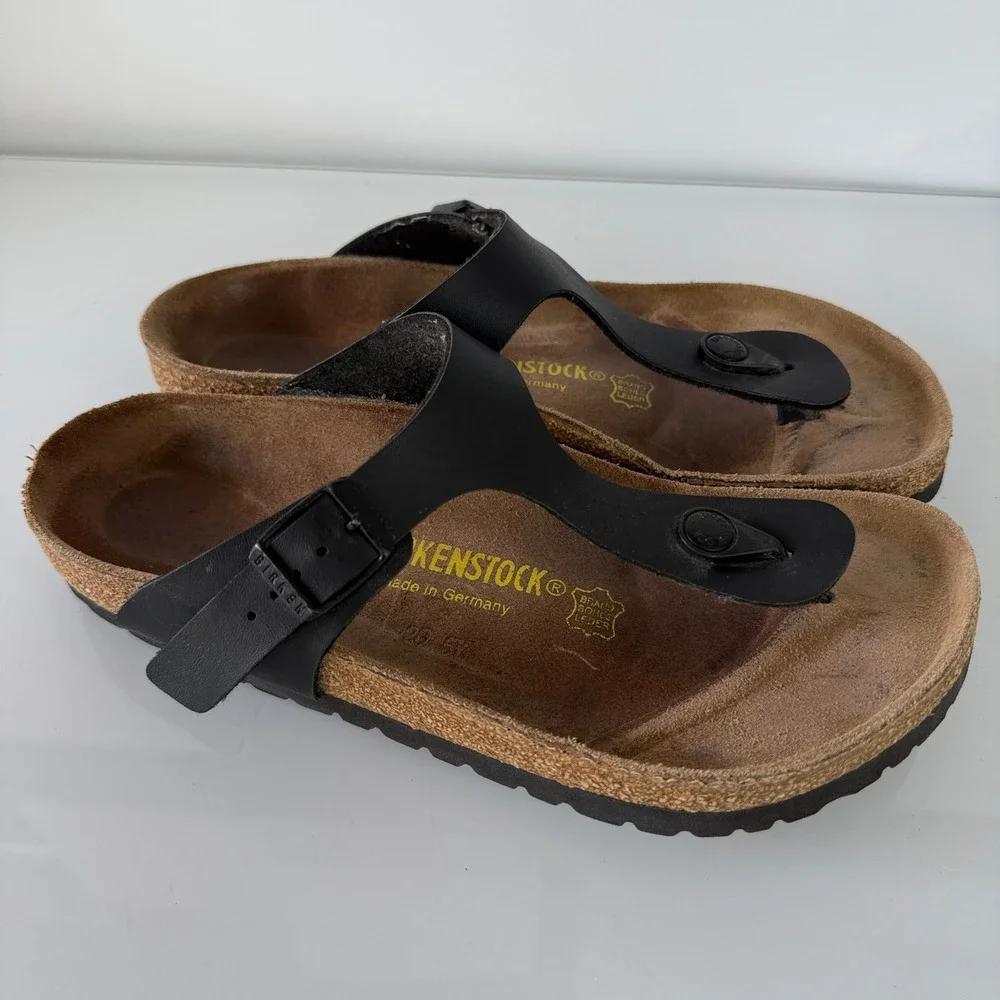 Birkenstock Gizeh Sandals Women 38 Black Birko-Flor Thong Buckle 12146